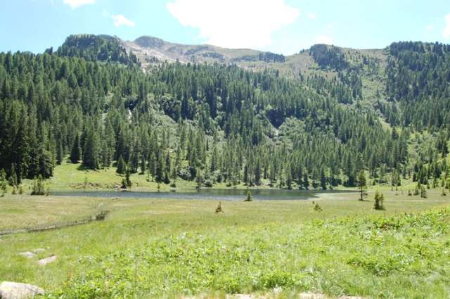 Il verde lago di cece fa capolino tra erba e montagne. Finalmente la meta e' stata raggiunta!